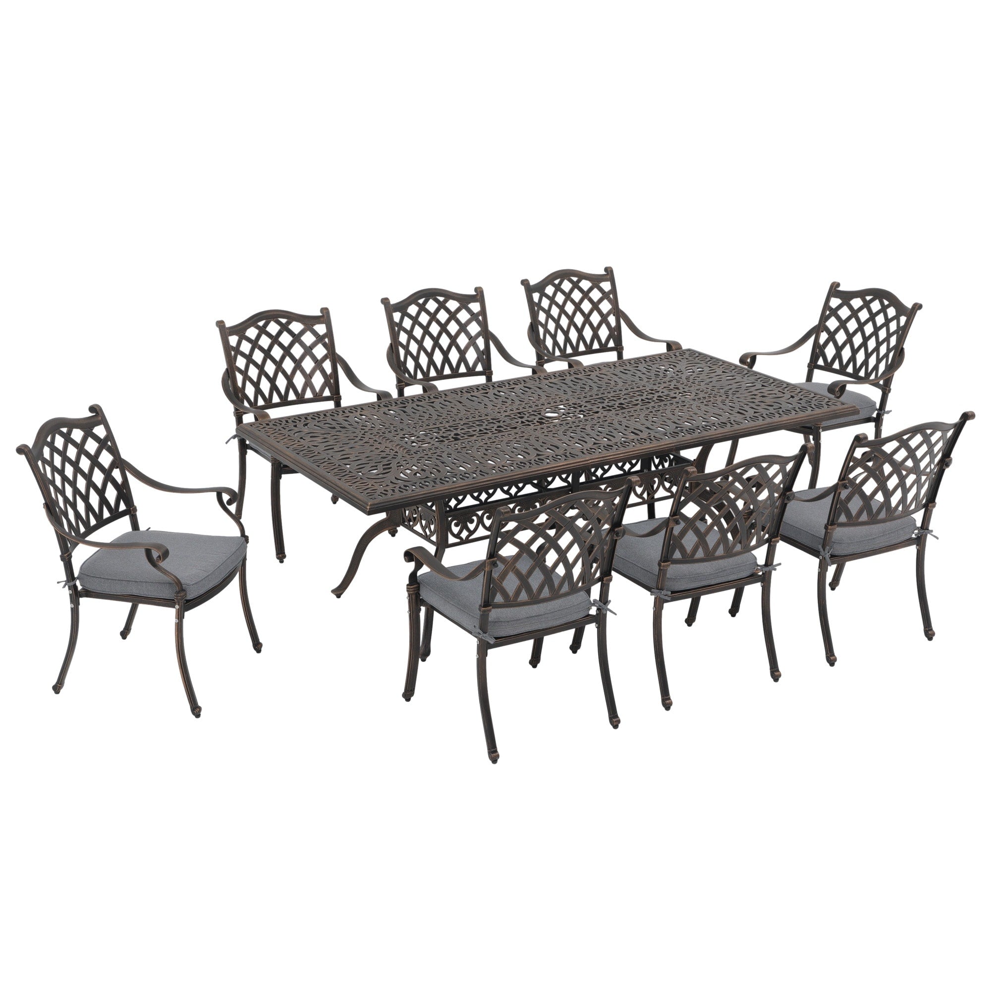 Ensemble de salle à manger rectangulaire d'extérieur en aluminium 9 pièces avec coussins et trou pour parasol