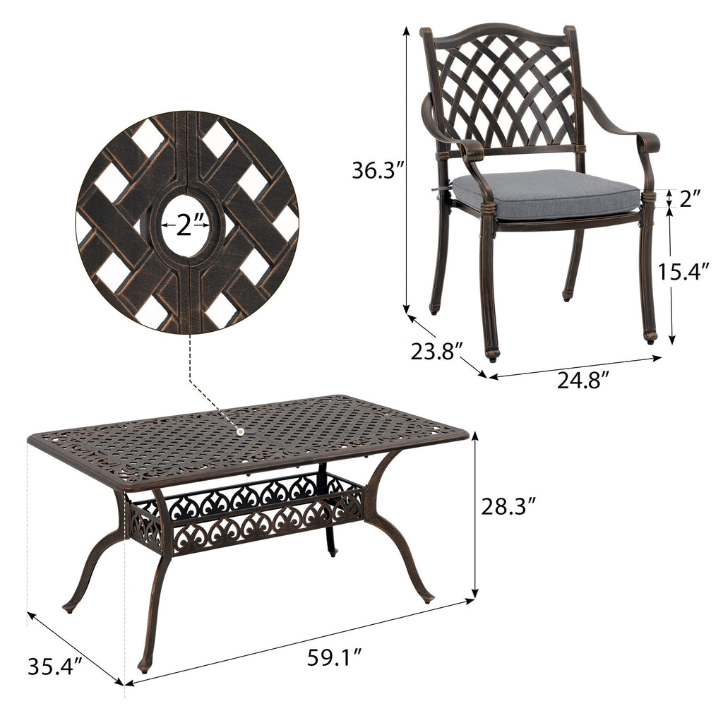 Ensemble de salle à manger rectangulaire d'extérieur en aluminium 9 pièces avec coussins et trou pour parasol
