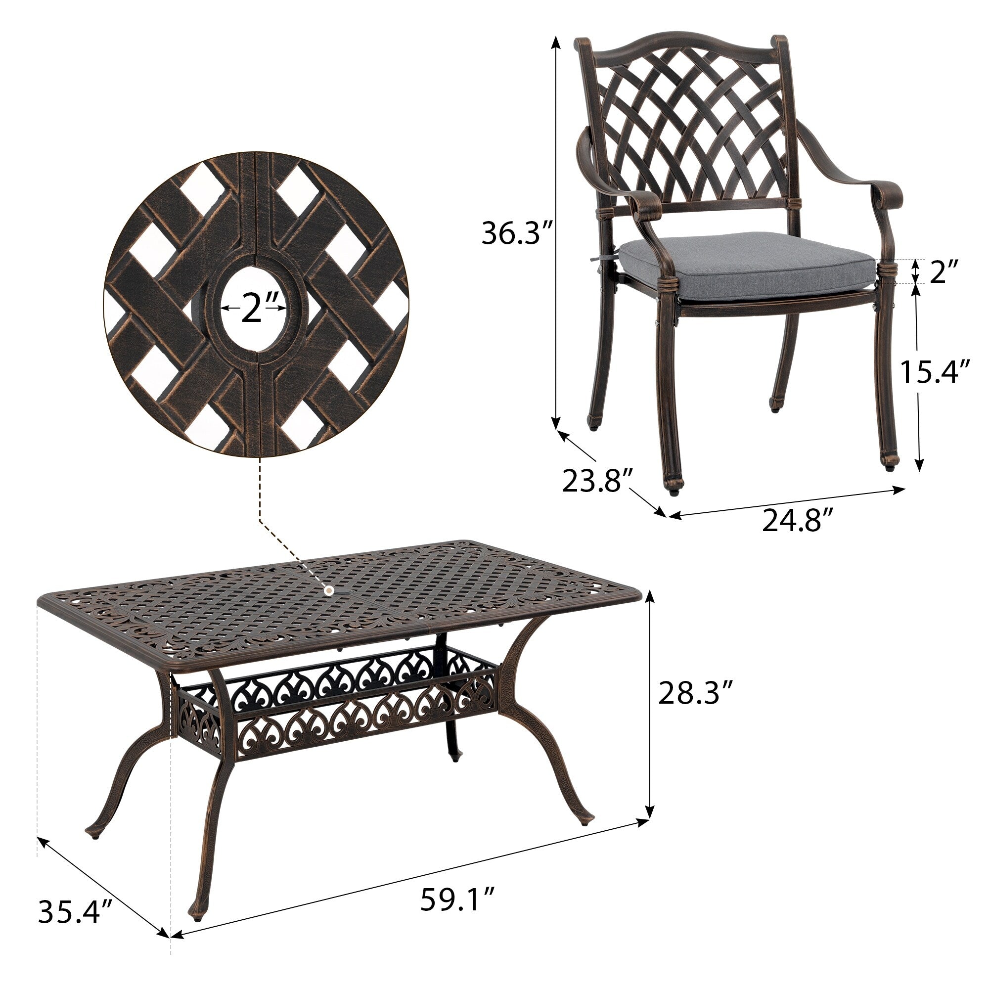 Ensemble de salle à manger rectangulaire d'extérieur en aluminium 9 pièces avec coussins et trou pour parasol