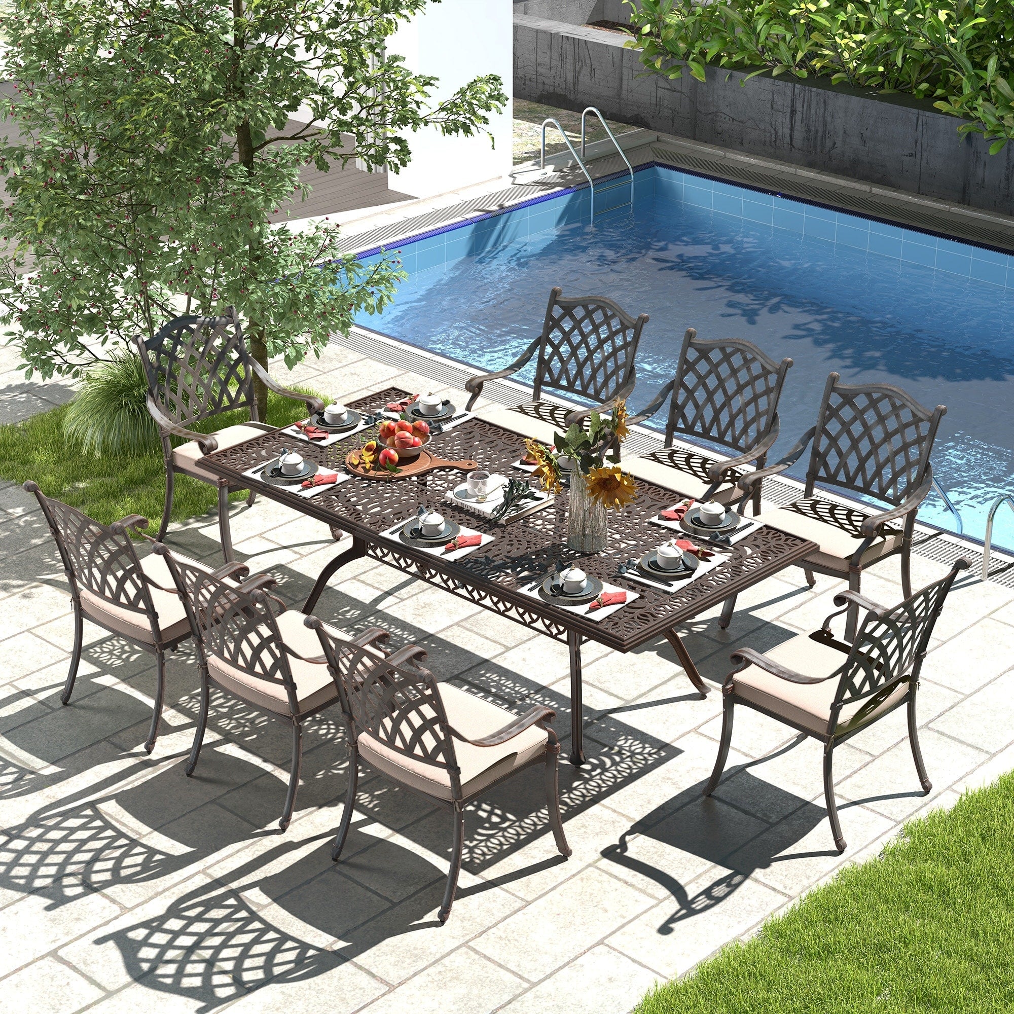 Ensemble de salle à manger rectangulaire d'extérieur en aluminium 9 pièces avec coussins et trou pour parasol