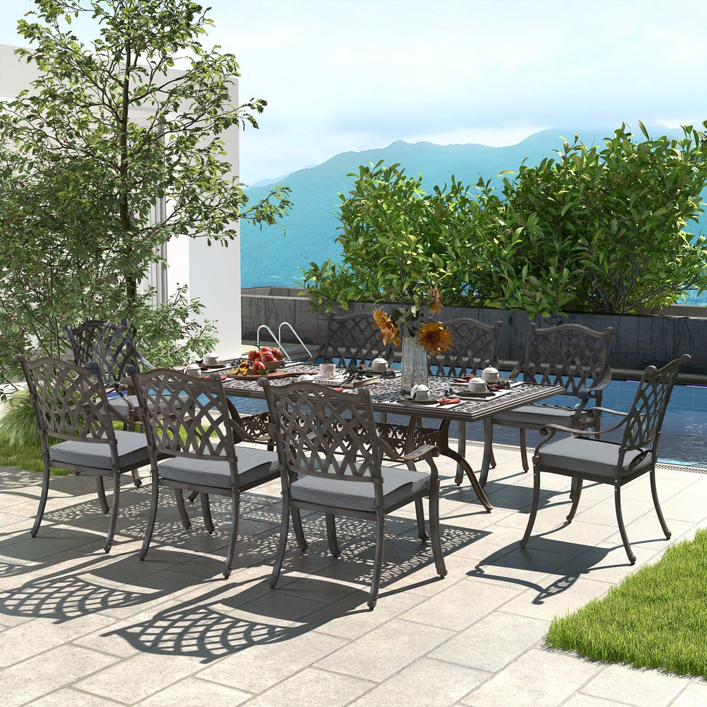 Ensemble de salle à manger rectangulaire d'extérieur en aluminium 9 pièces avec coussins et trou pour parasol