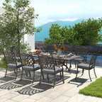 Ensemble de salle à manger rectangulaire d'extérieur en aluminium 9 pièces avec coussins et trou pour parasol