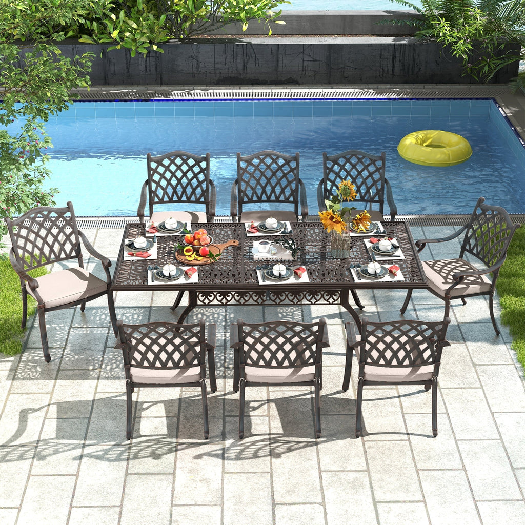 Ensemble de salle à manger rectangulaire d'extérieur en aluminium 9 pièces avec coussins et trou pour parasol