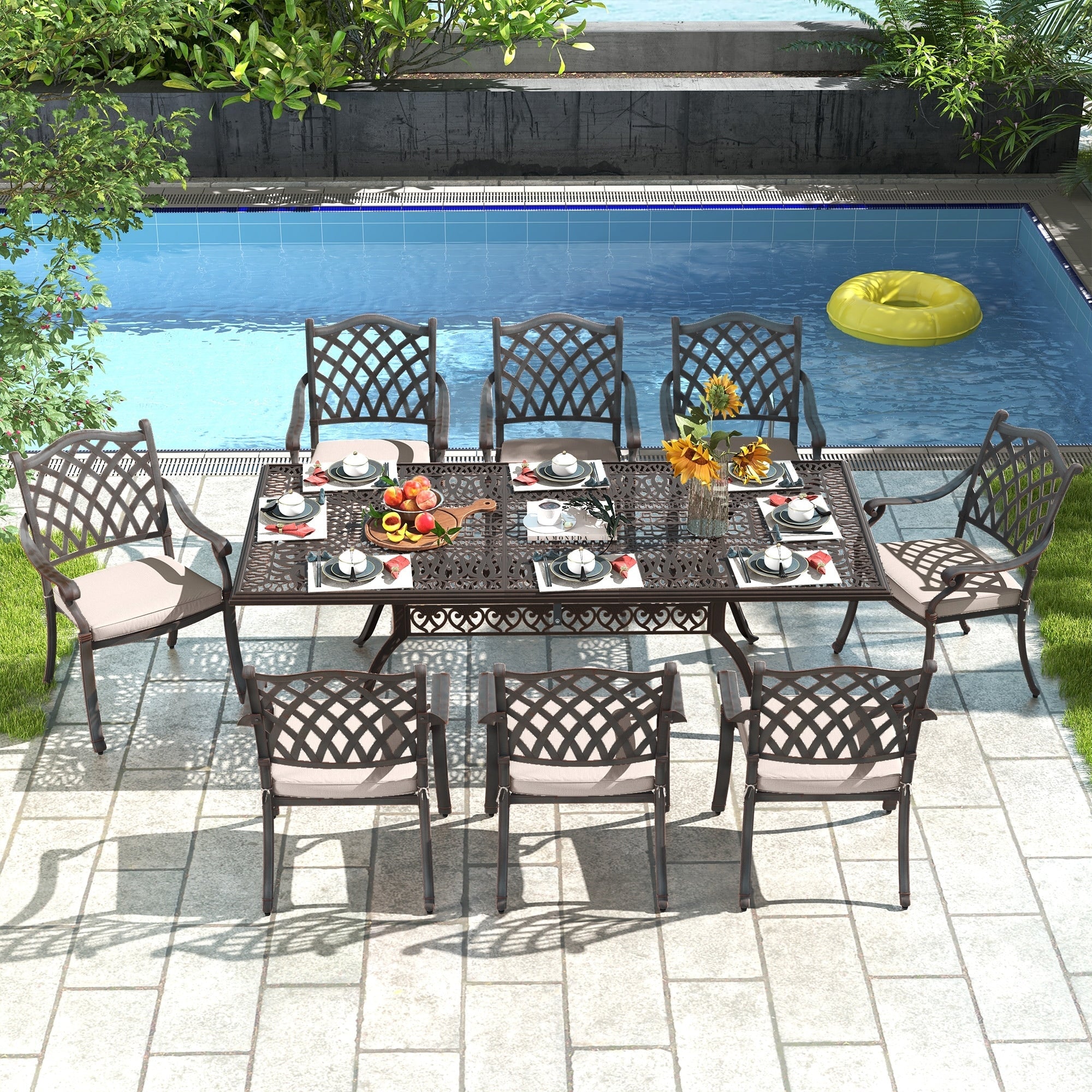 Ensemble de salle à manger rectangulaire d'extérieur en aluminium 9 pièces avec coussins et trou pour parasol