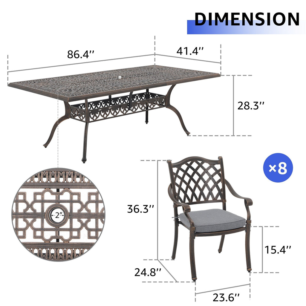Ensemble de salle à manger rectangulaire d'extérieur en aluminium 9 pièces avec coussins et trou pour parasol