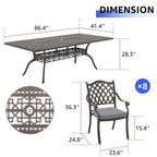 Ensemble de salle à manger rectangulaire d'extérieur en aluminium 9 pièces avec coussins et trou pour parasol