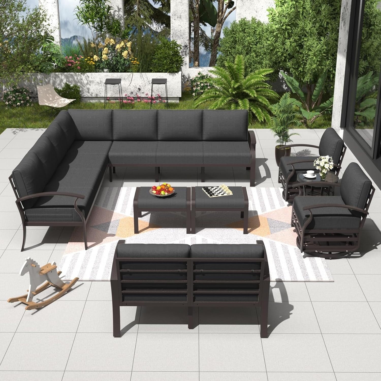 Ensemble de canapés d'angle en aluminium, ensemble de canapés d'extérieur pour patio avec accoudoirs et repose-pieds