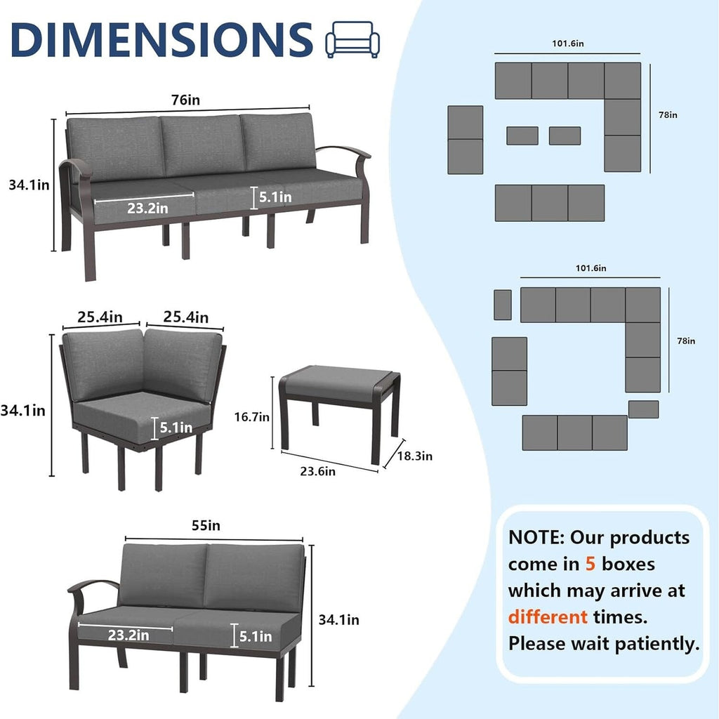 Ensemble de canapés d'angle en aluminium, ensemble de canapés d'extérieur pour patio avec accoudoirs et repose-pieds