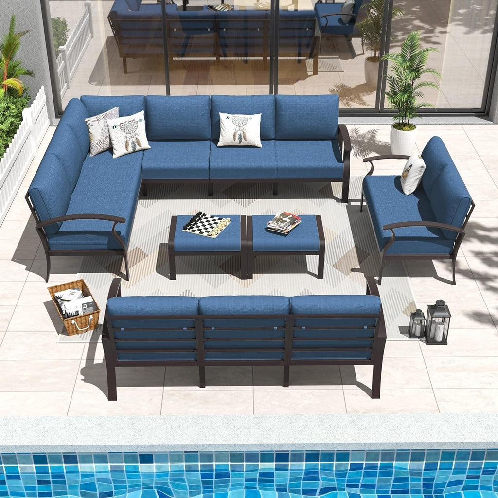 Ensemble de canapés d'angle en aluminium, ensemble de canapés d'extérieur pour patio avec accoudoirs et repose-pieds