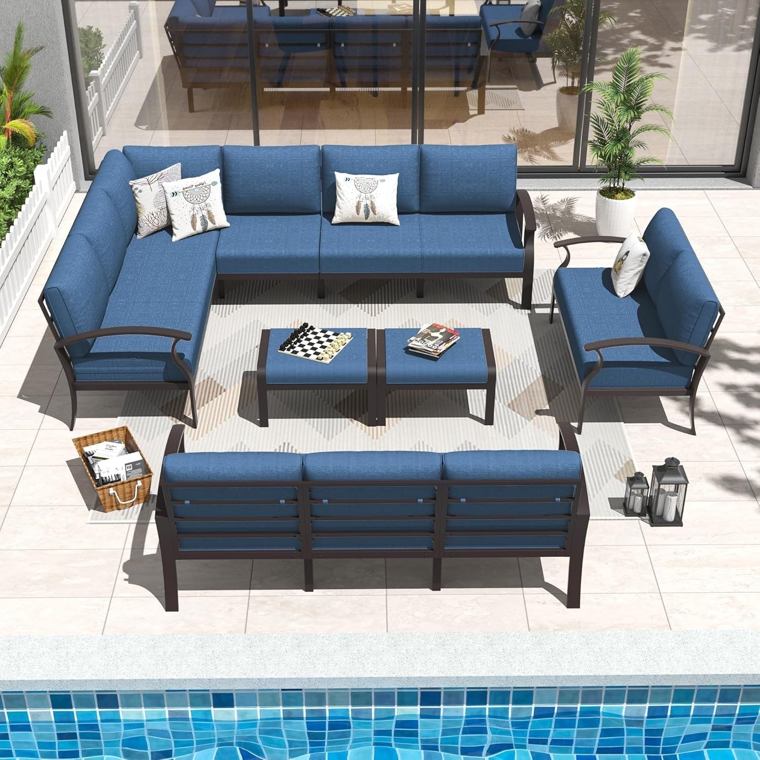 Ensemble de canapés d'angle en aluminium, ensemble de canapés d'extérieur pour patio avec accoudoirs et repose-pieds