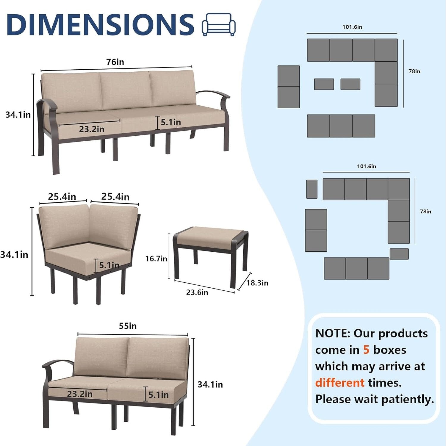 Ensemble de canapés d'angle en aluminium, ensemble de canapés d'extérieur pour patio avec accoudoirs et repose-pieds