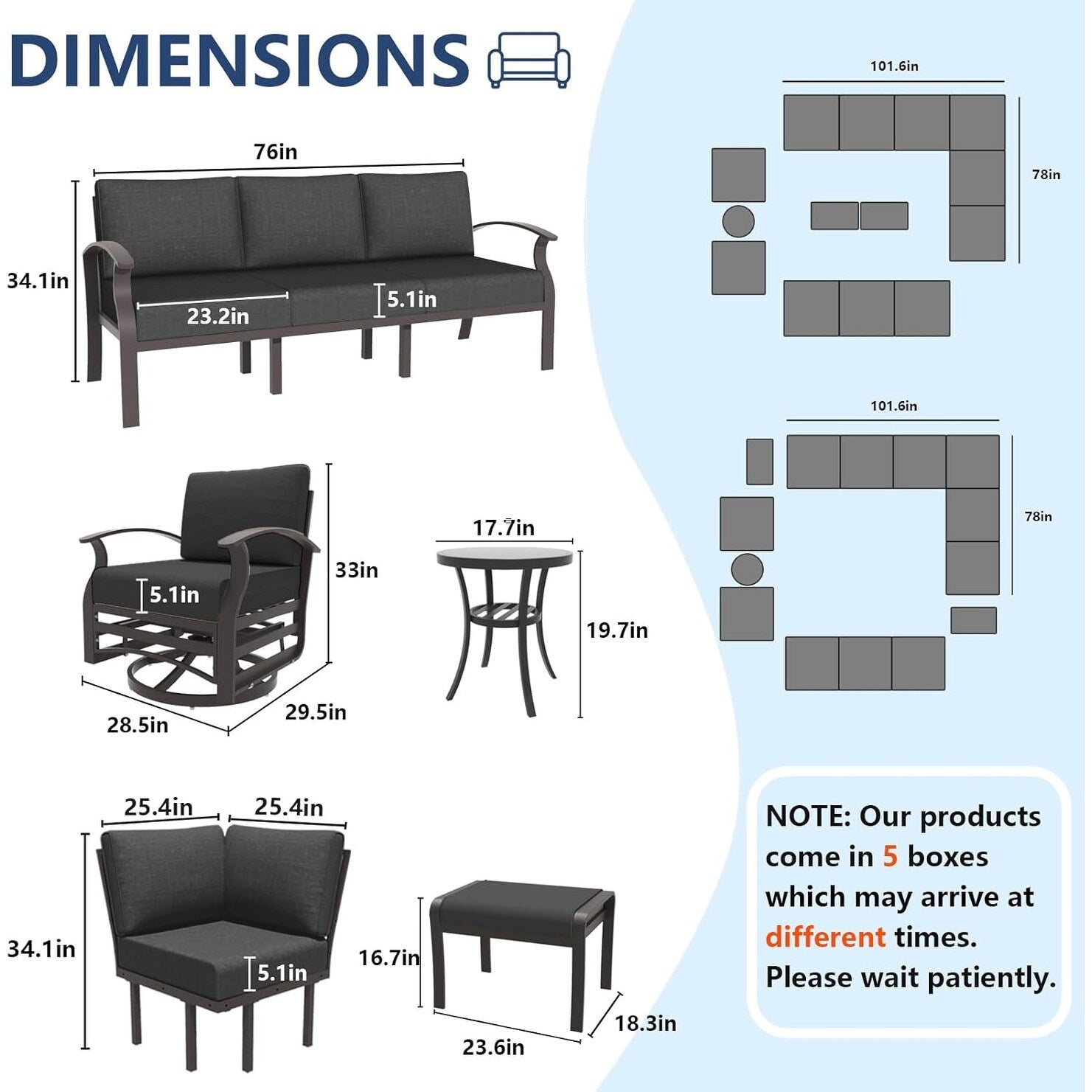 Ensemble de canapés d'angle en aluminium, ensemble de canapés d'extérieur pour patio avec accoudoirs et repose-pieds