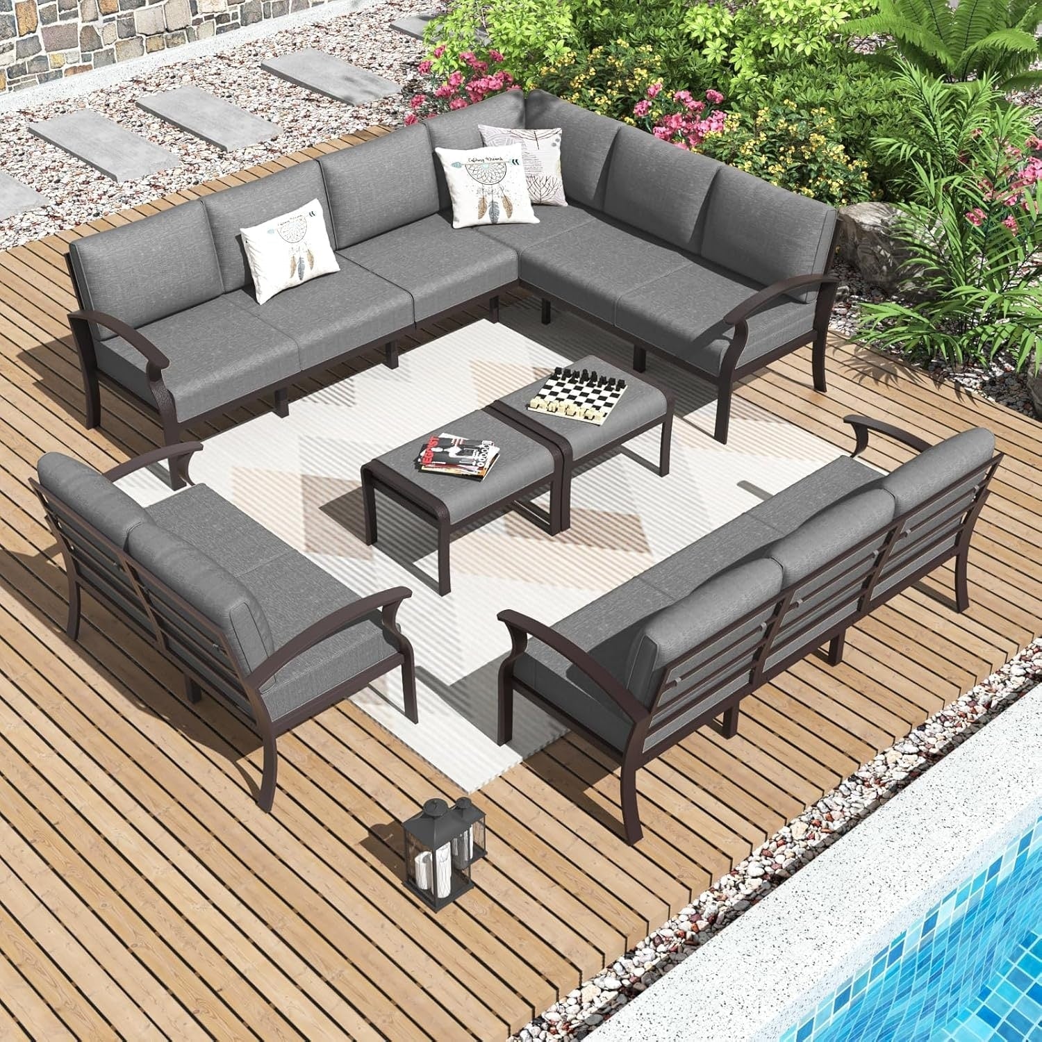 Ensemble de canapés d'angle en aluminium, ensemble de canapés d'extérieur pour patio avec accoudoirs et repose-pieds