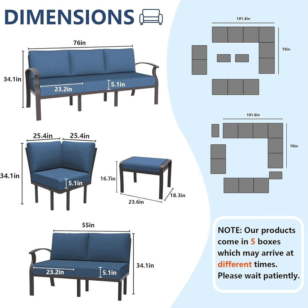 Ensemble de canapés d'angle en aluminium, ensemble de canapés d'extérieur pour patio avec accoudoirs et repose-pieds