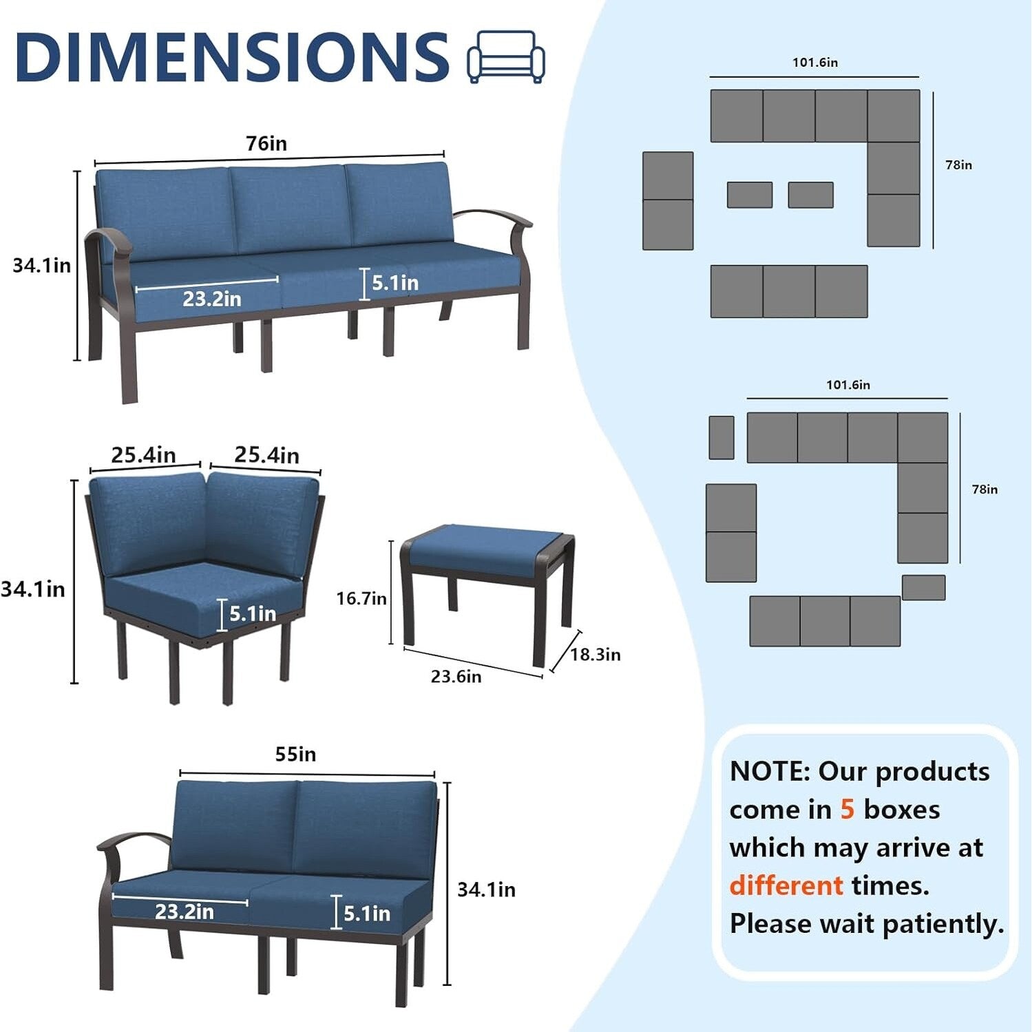 Ensemble de canapés d'angle en aluminium, ensemble de canapés d'extérieur pour patio avec accoudoirs et repose-pieds