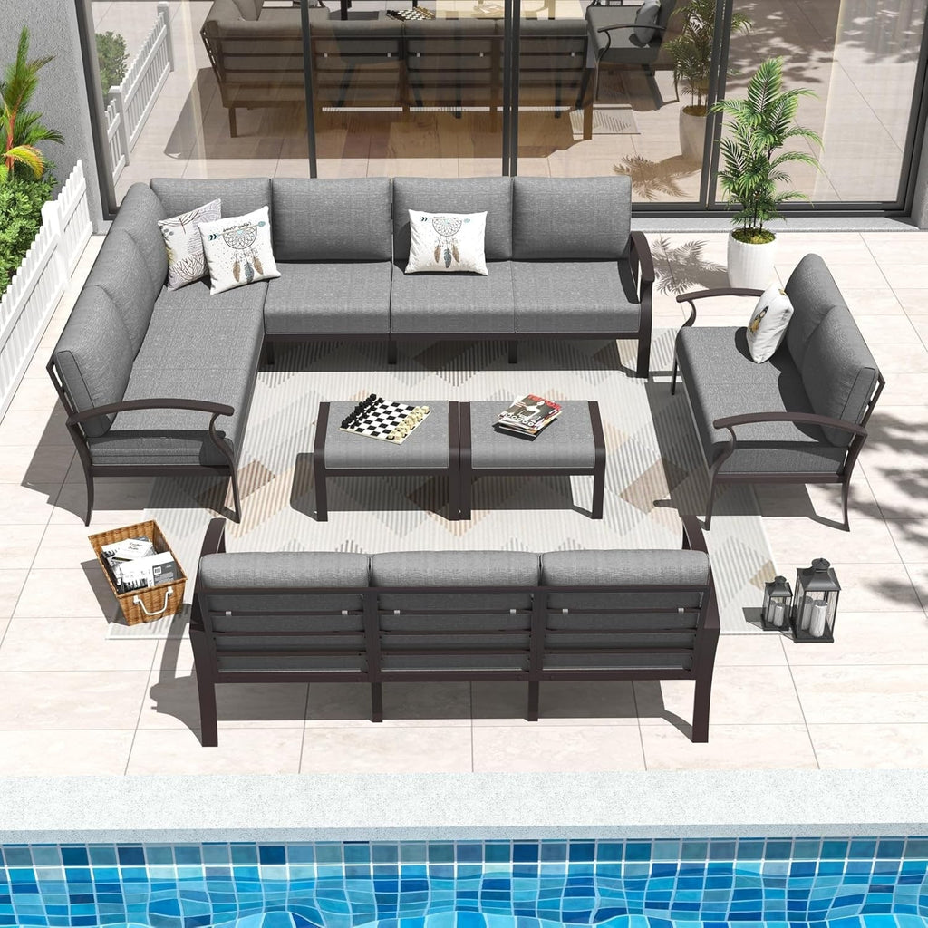 Ensemble de canapés d'angle en aluminium, ensemble de canapés d'extérieur pour patio avec accoudoirs et repose-pieds