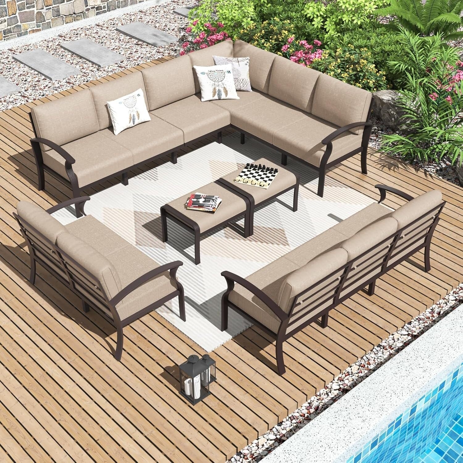 Ensemble de canapés d'angle en aluminium, ensemble de canapés d'extérieur pour patio avec accoudoirs et repose-pieds