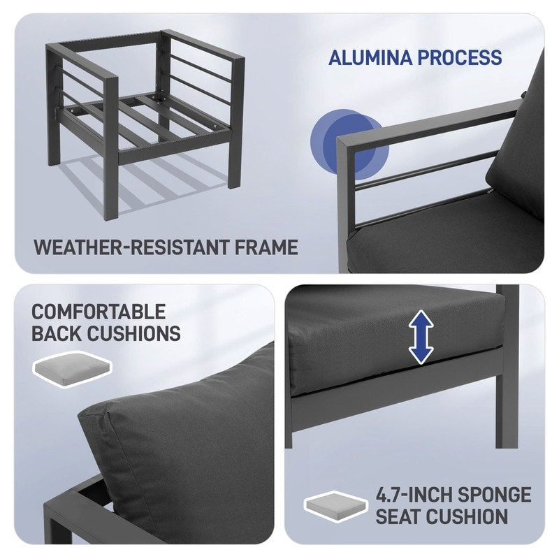 Ensemble de meubles de patio en aluminium 4 pièces, ensemble de conversation d'extérieur moderne avec canapé sectionnel