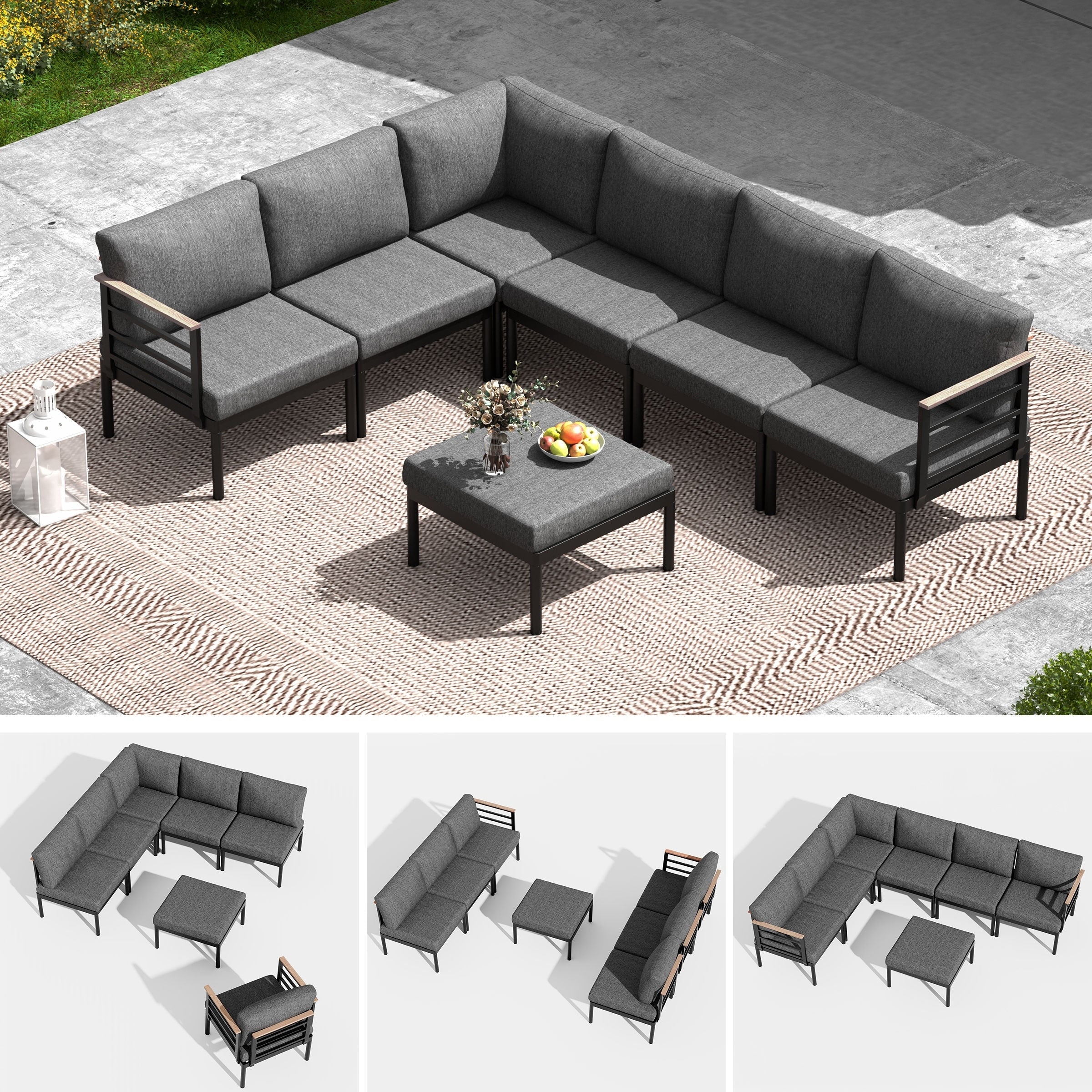 Ensemble de meubles de patio en aluminium 6/7/8 pièces Ensemble de conversation d'extérieur moderne Ensemble de canapé sectionnel
