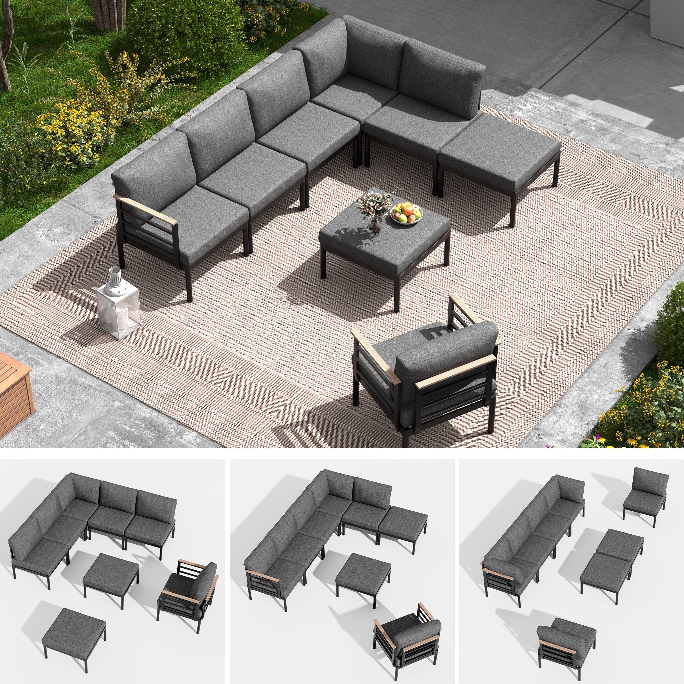 Ensemble de meubles de patio en aluminium 6/7/8 pièces Ensemble de conversation d'extérieur moderne Ensemble de canapé sectionnel