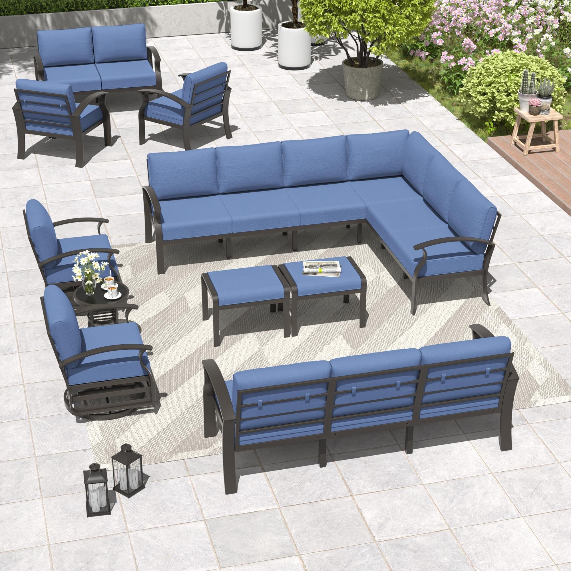 Ensemble de meubles de jardin en aluminium avec foyer, poufs, chaises pivotantes et canapé sectionnel avec coussins d'assise épais pour véranda et jardin