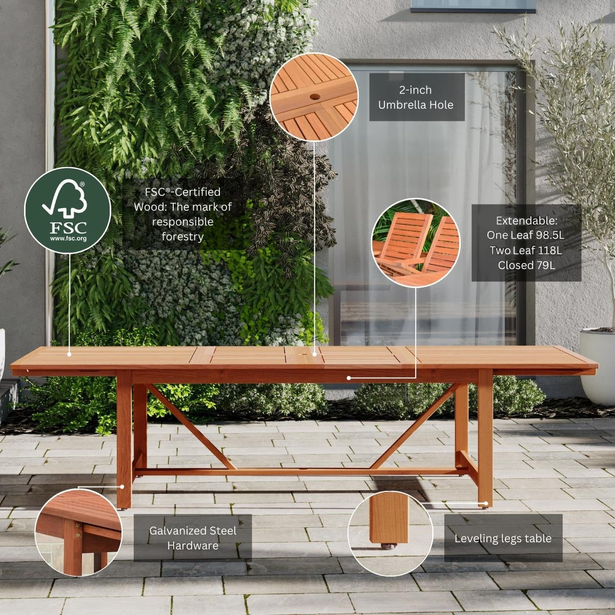 Ensemble de salle à manger extensible pour patio extérieur en bois certifié FSC Amazonia Nadia