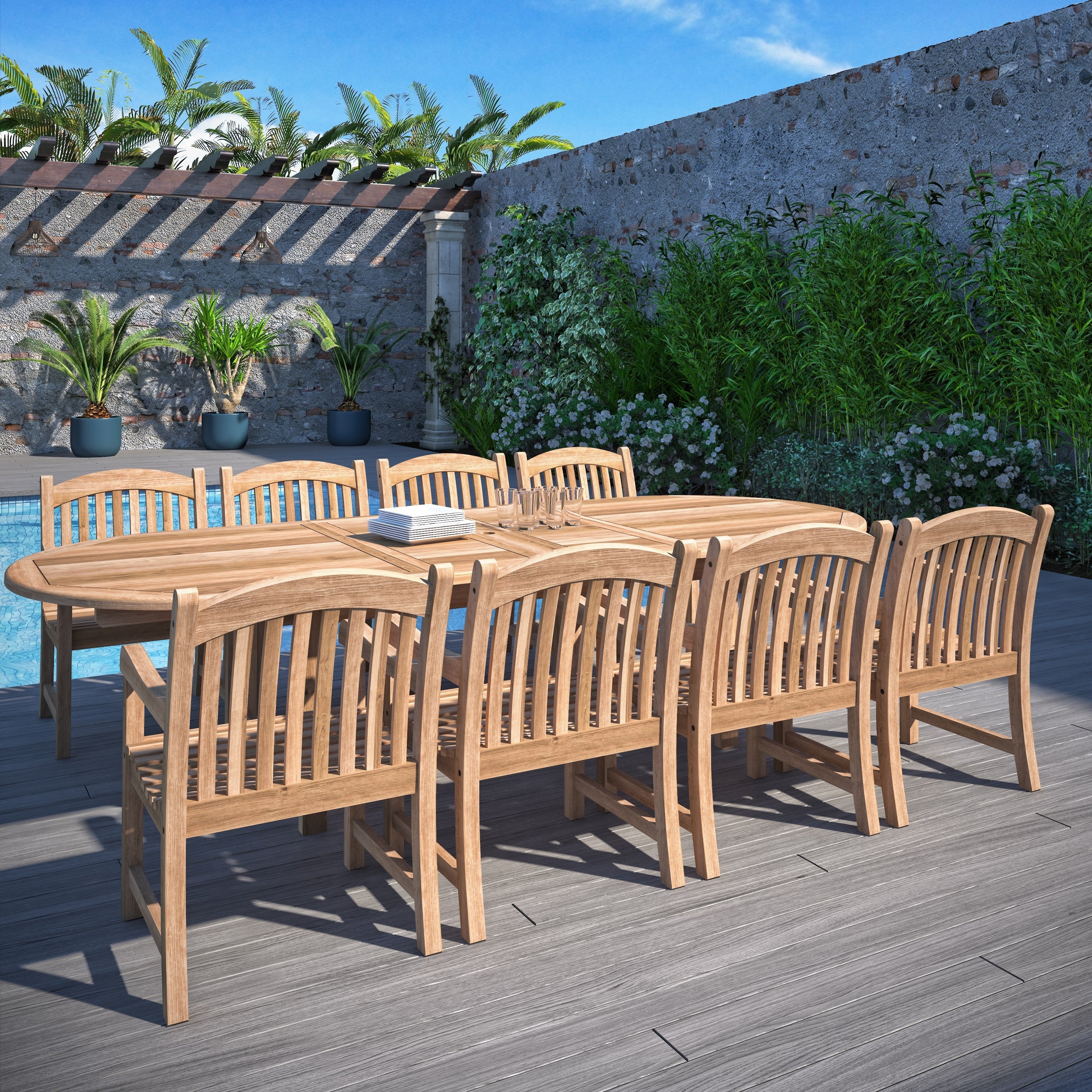 Ensemble de salle à manger extensible pour patio extérieur en teck Amazonia FSC - 9 pièces