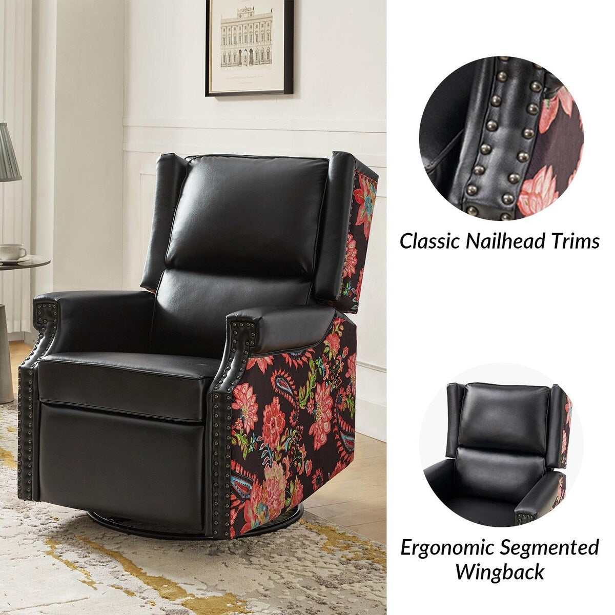 Fauteuil inclinable pivotant Amelia en similicuir avec coutures florales par HULALA HOME