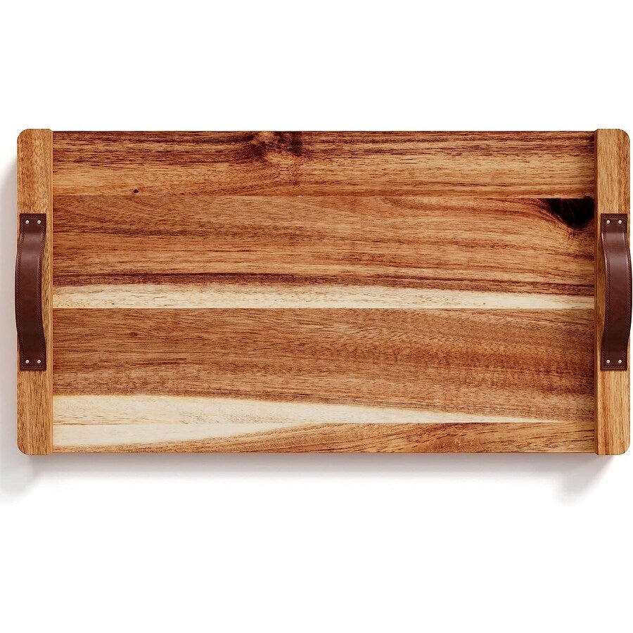 Plateau rectangulaire en bois d'acacia avec poignée en cuir American Atelier - 18 x 9