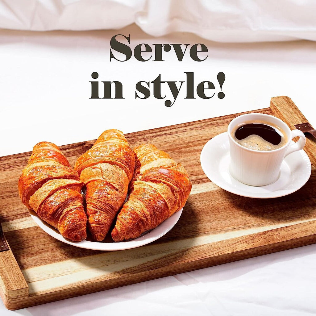 Plateau rectangulaire en bois d'acacia avec poignée en cuir American Atelier - 18 x 9