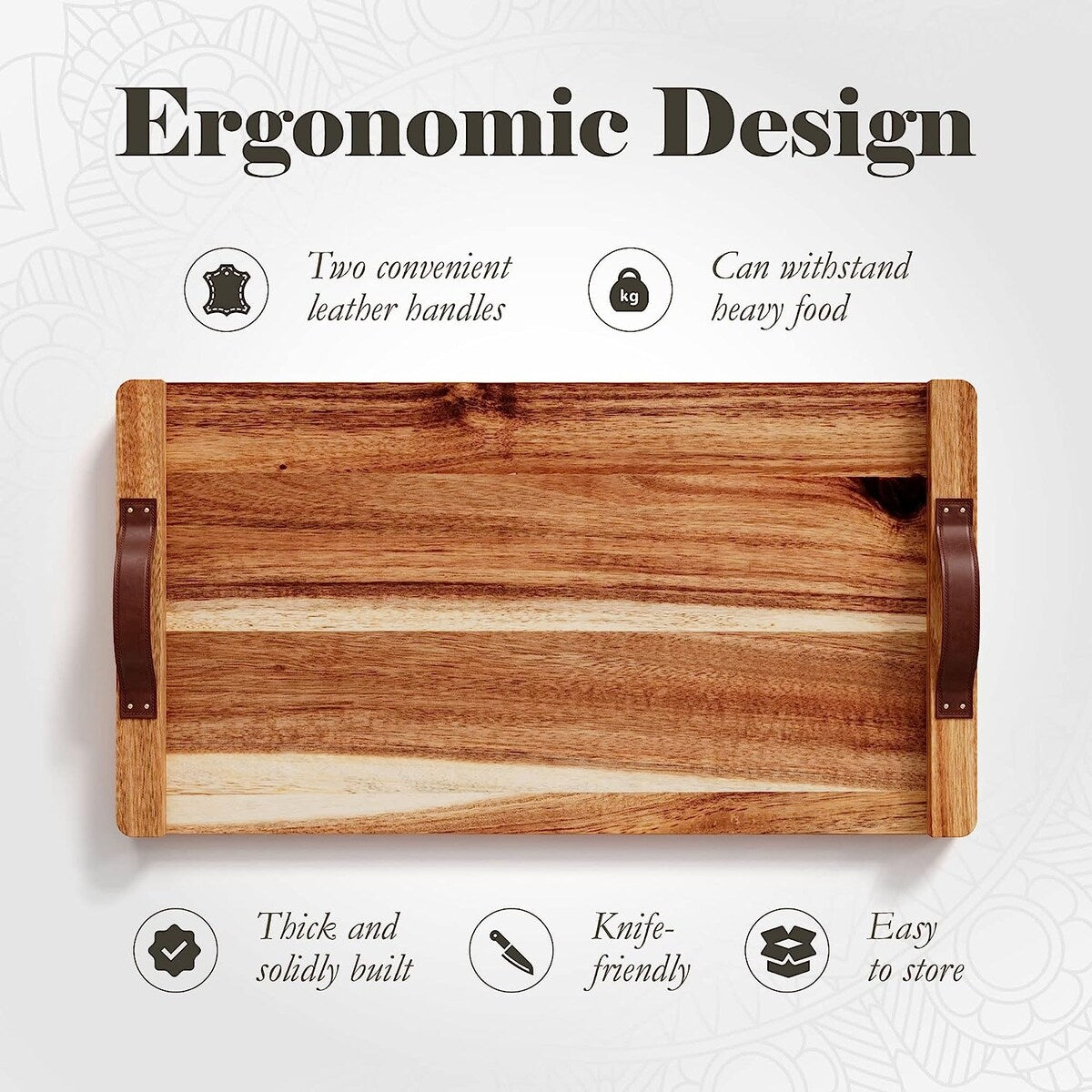 Plateau rectangulaire en bois d'acacia avec poignée en cuir American Atelier - 18 x 9