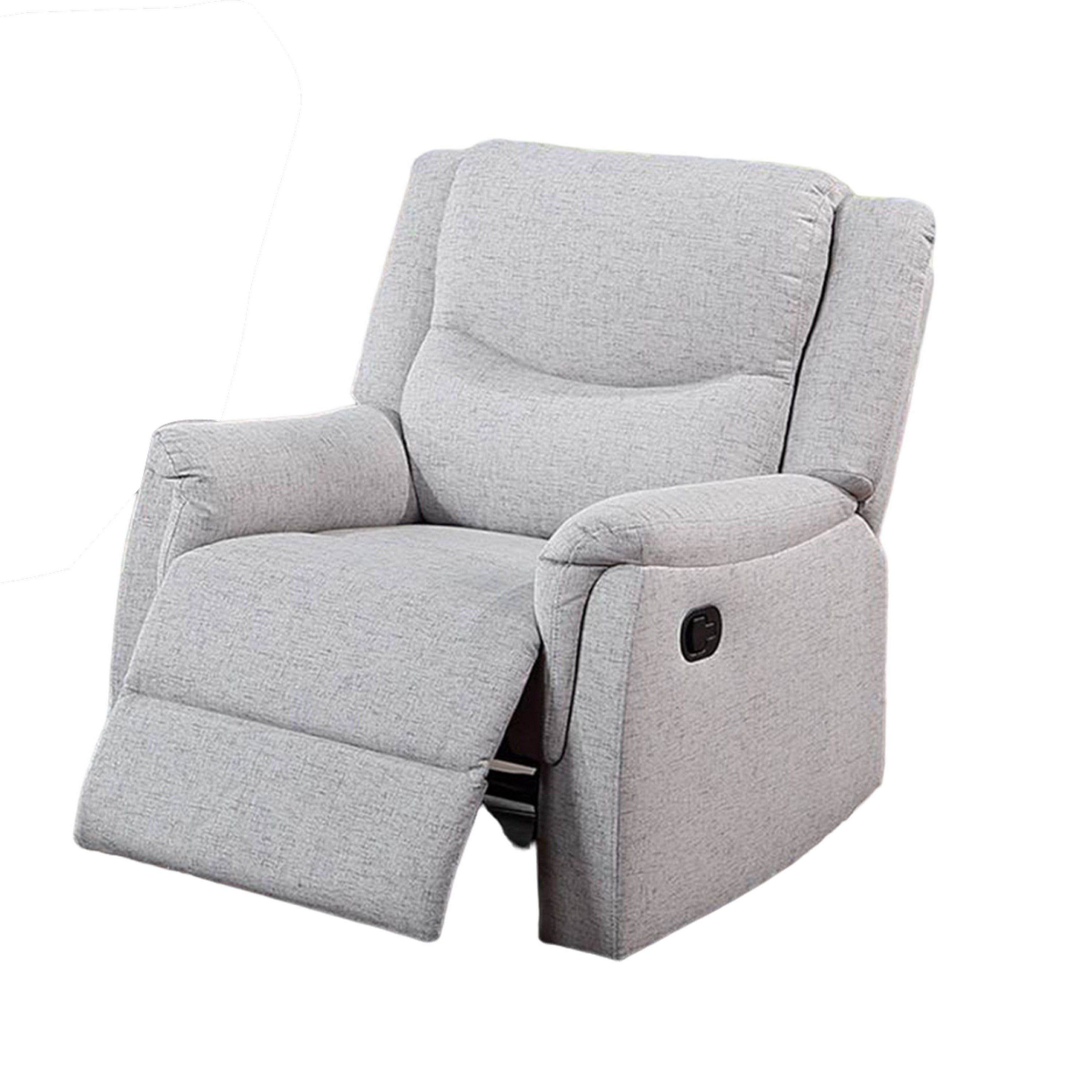 Fauteuil inclinable manuel Ammy, accoudoirs en coussin, bois massif, imitation toile de jute blanche