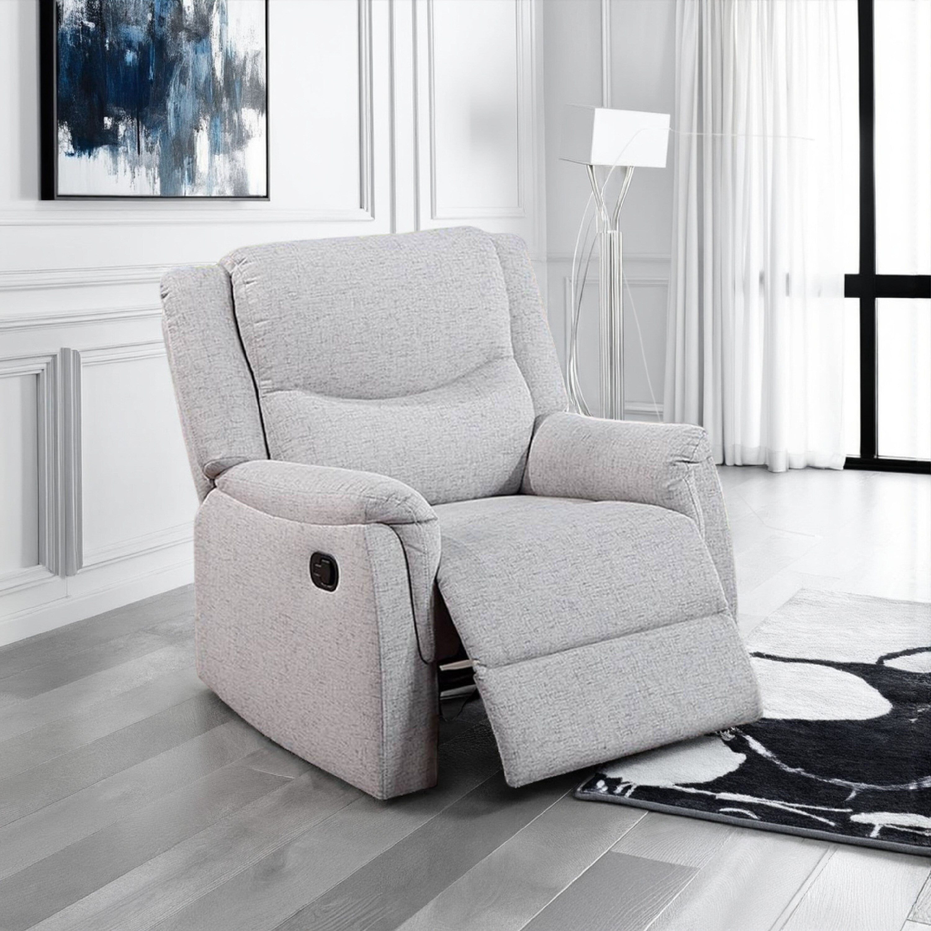 Fauteuil inclinable manuel Ammy, accoudoirs en coussin, bois massif, imitation toile de jute blanche