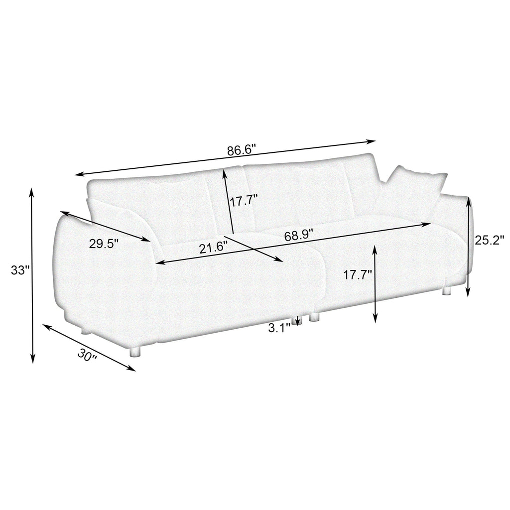 Un canapé en laine verte Teddy de 86,6 pouces avec quatre coussins et des pieds en quincaillerie qui peuvent s'asseoir confortablement dans une chambre d'appartement avec