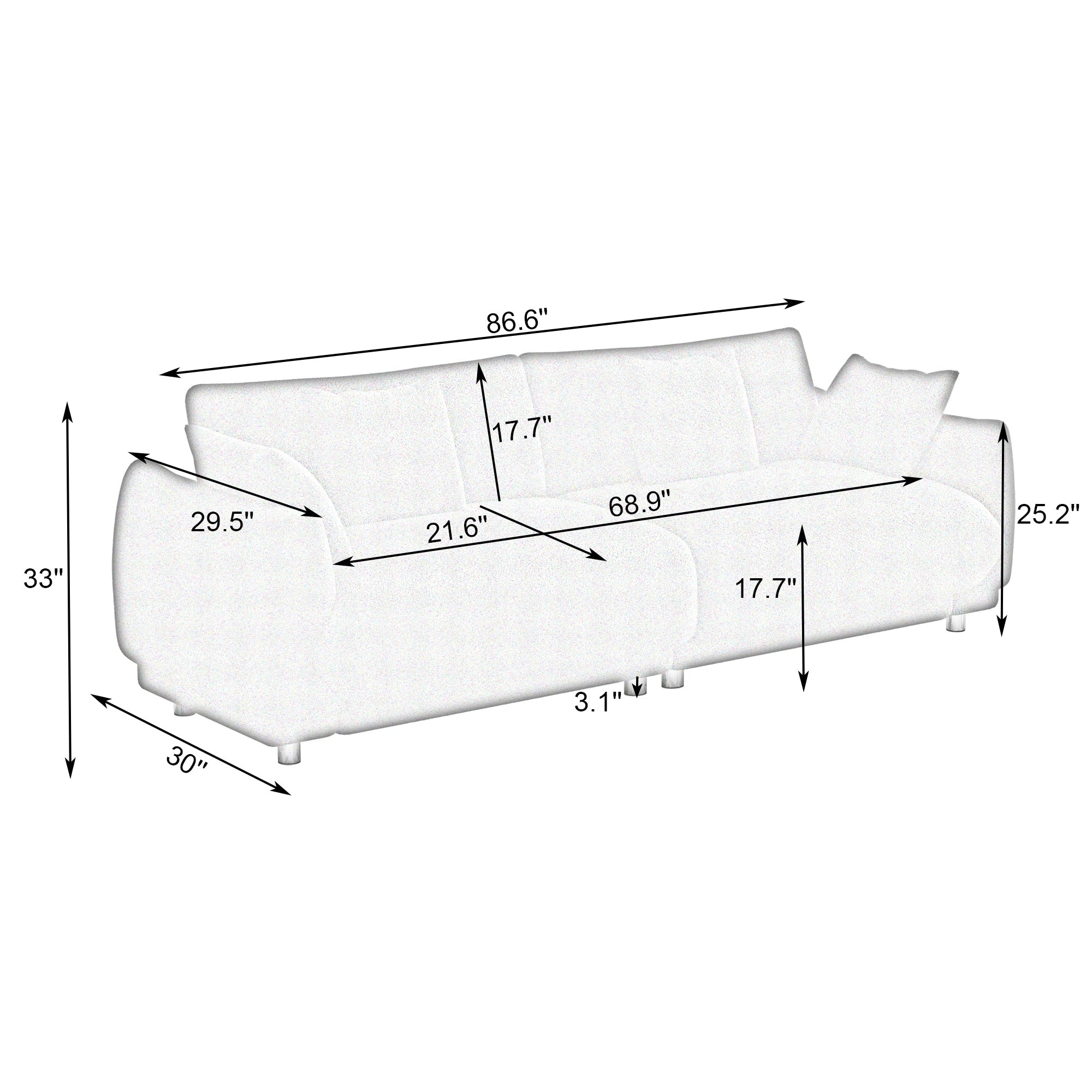 Un canapé en laine verte Teddy de 86,6 pouces avec quatre coussins et des pieds en quincaillerie qui peuvent s'asseoir confortablement dans une chambre d'appartement avec