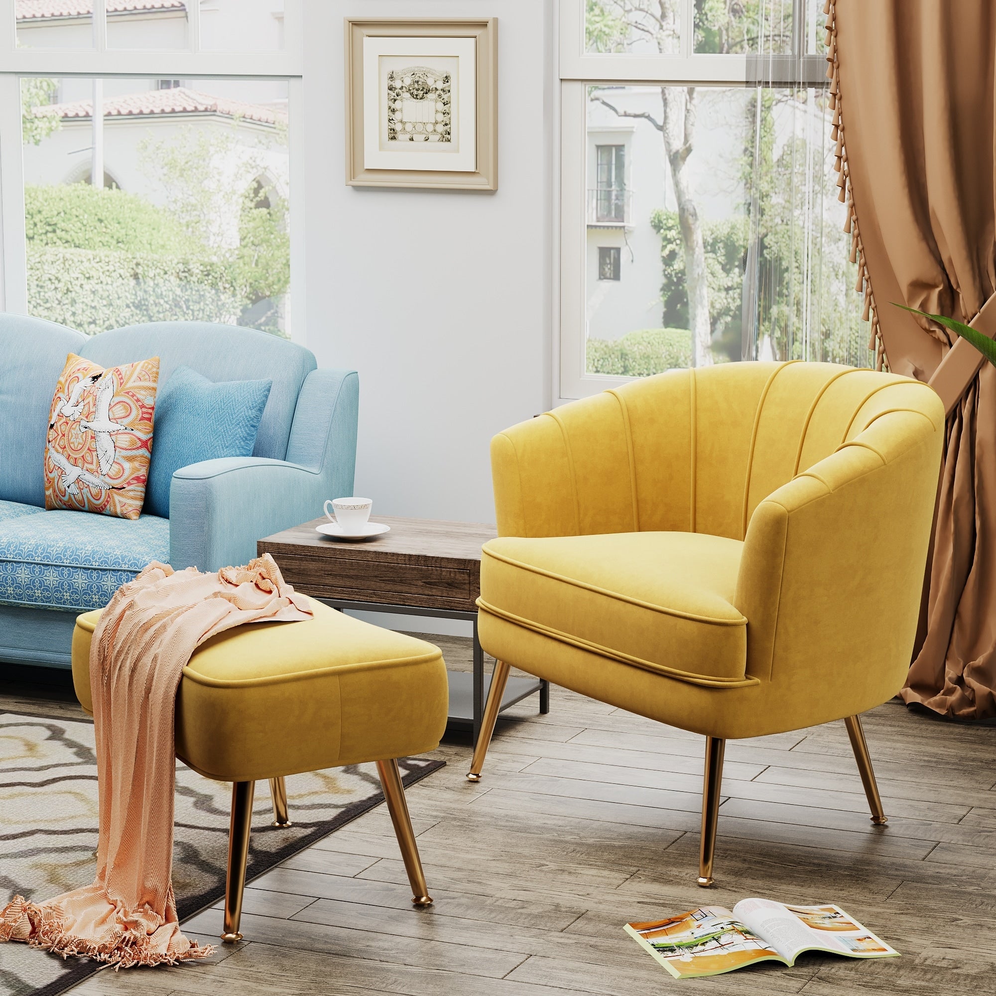 Fauteuil d'appoint Andeworld avec pouf, fauteuil d'appoint simple moderne rembourré, fauteuil de salon club confortable en forme de tonneau