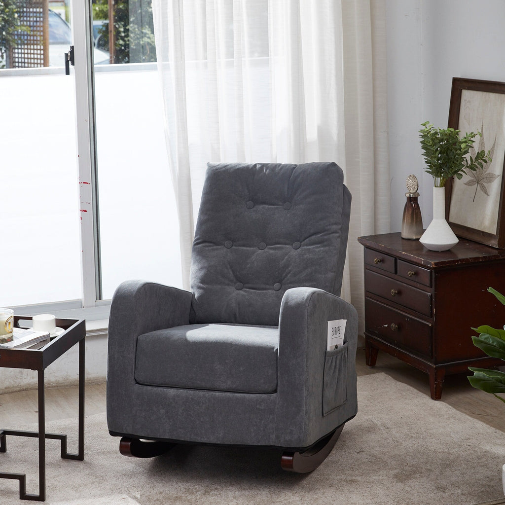 Fauteuil à bascule gris antique à dossier haut 28,74 po avec pieds en bois massif et poche latérale