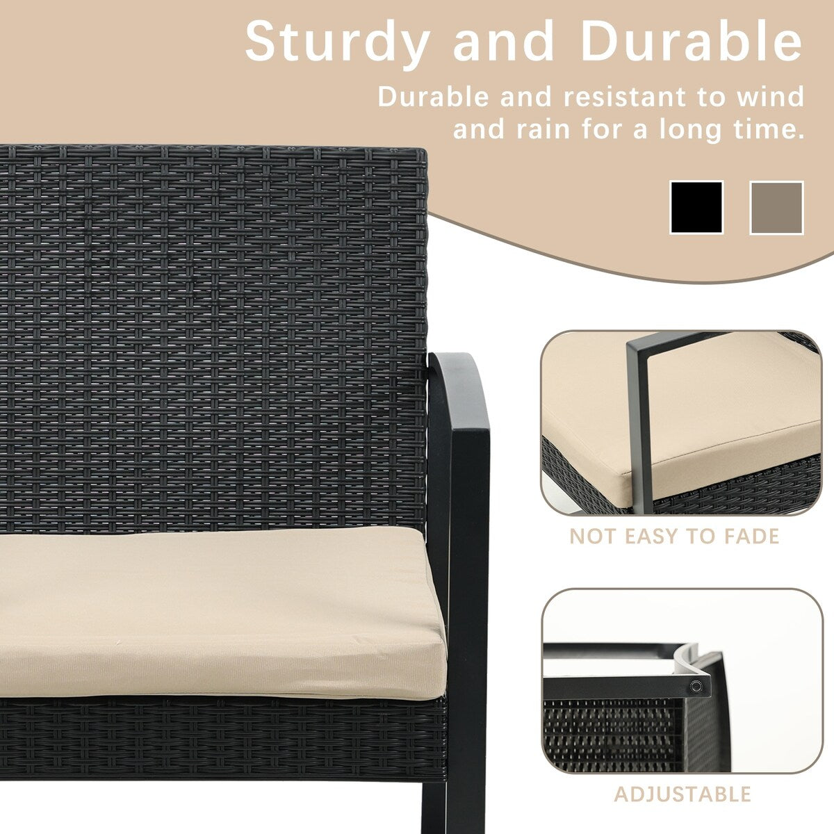 Ensemble de meubles de jardin Aoodor 3 pièces : chaises d'extérieur en rotin avec table et canapé, coussins inclus – N/A