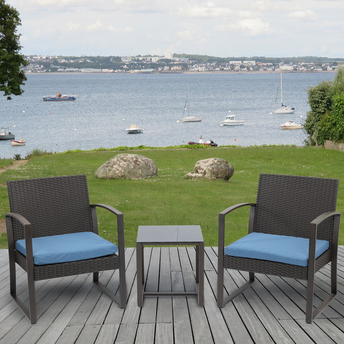 Ensemble de meubles de jardin Aoodor 3 pièces : chaises d'extérieur en rotin avec table et canapé, coussins inclus – N/A