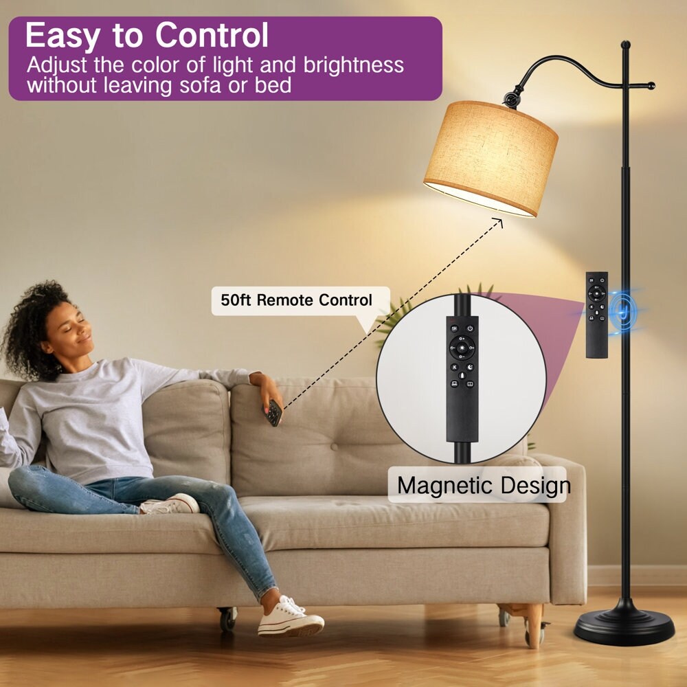 Lampadaire arqué avec télécommande, lampe sur pied rétro 67 pouces avec 4 températures de couleur, lampes hautes en métal pour salon et chambre à coucher - N/A