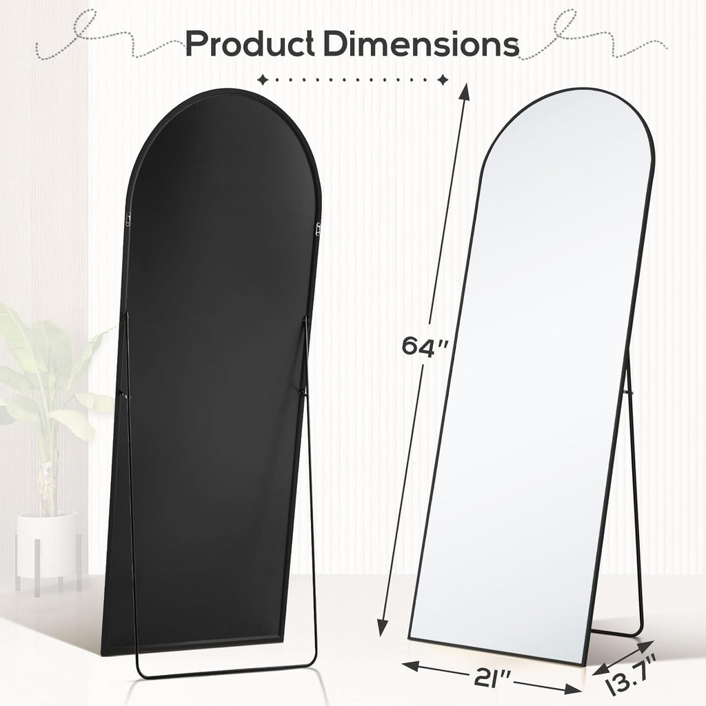 Miroir arqué pleine longueur, 21 x 64, miroir mural en verre incassable, grand miroir arqué haut avec support, cadre en alliage d'aluminium