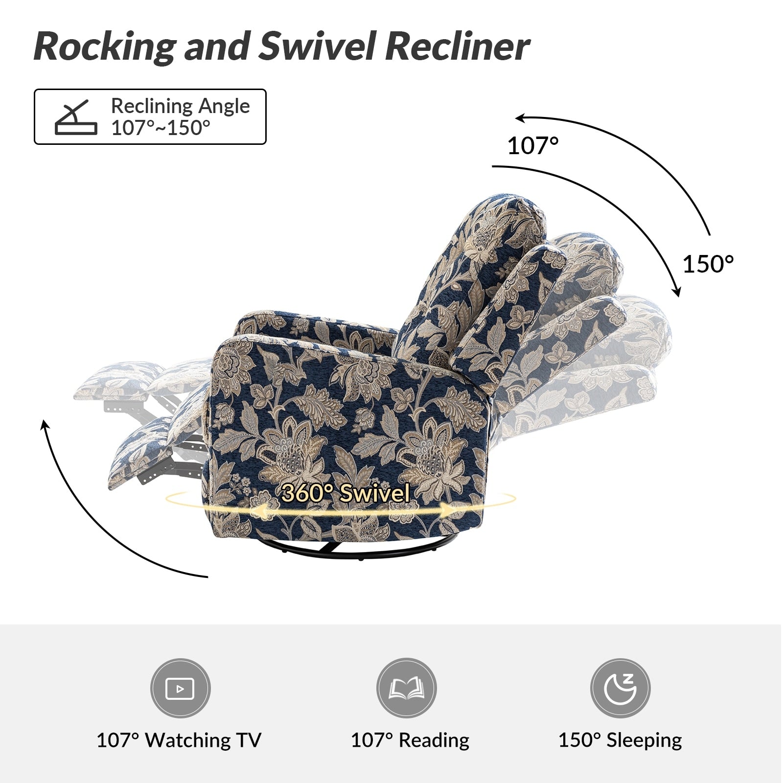 Fauteuil inclinable pivotant manuel Arlette Floral avec dossier capitonné, lot de 2
