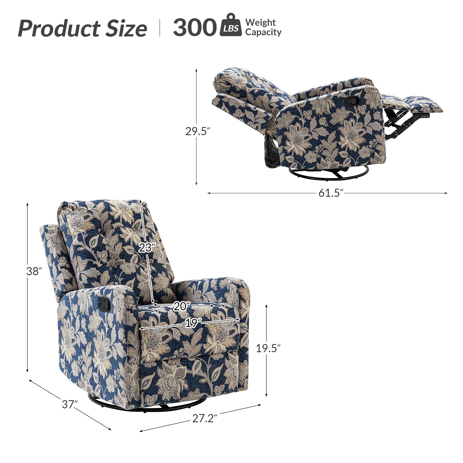 Fauteuil inclinable pivotant manuel Arlette Floral avec dossier capitonné, lot de 2