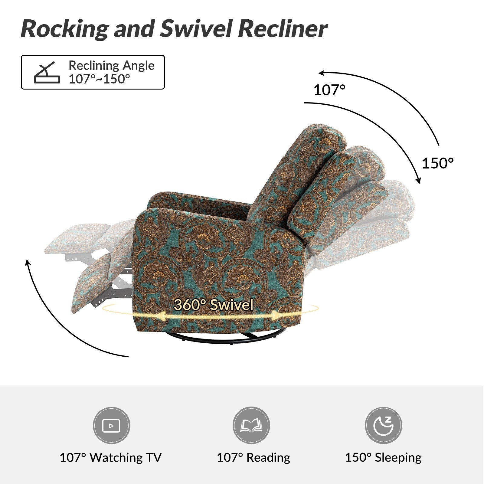 Fauteuil inclinable pivotant manuel Arlette Floral avec dossier capitonné, lot de 2