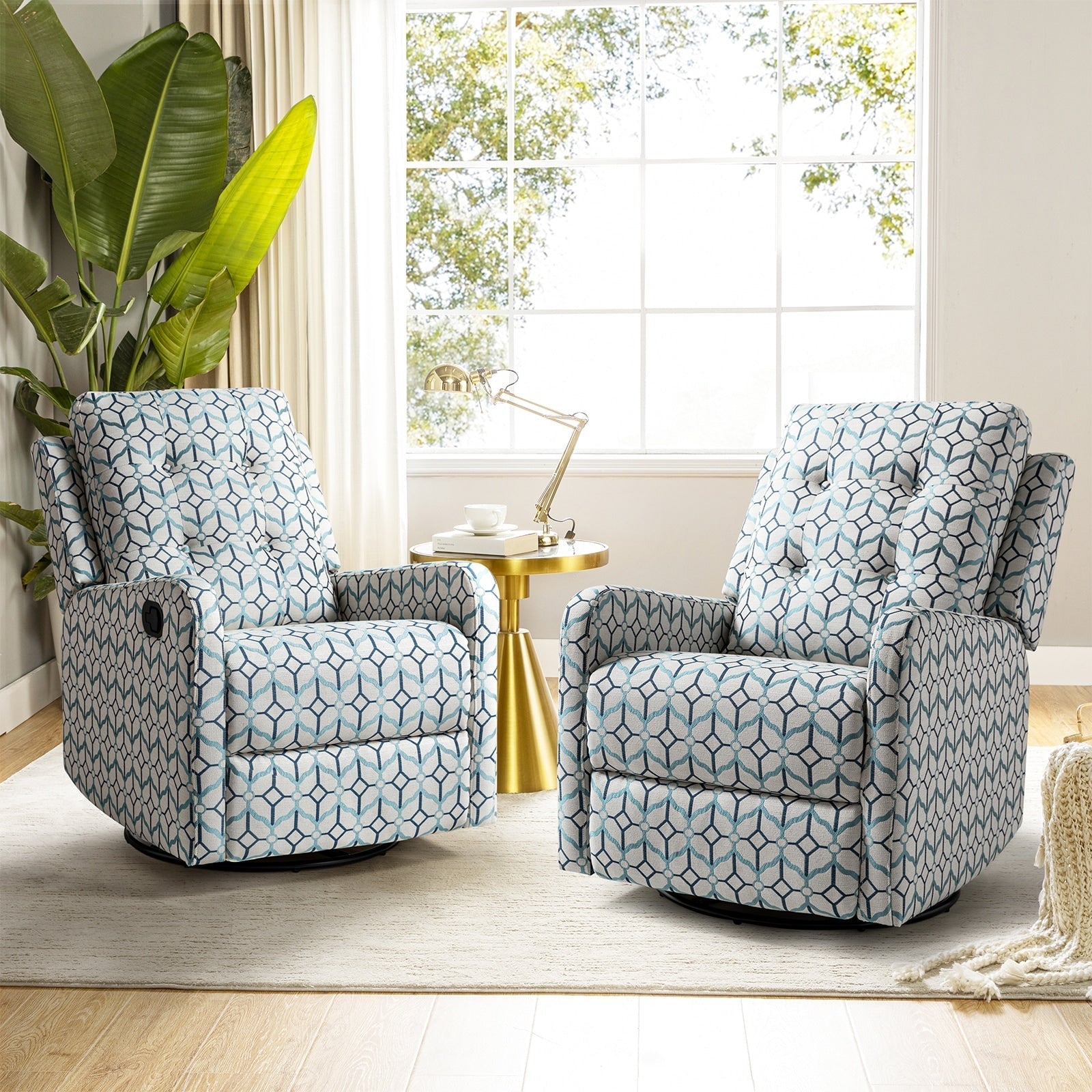 Fauteuil inclinable pivotant manuel Arlette Floral avec dossier capitonné, lot de 2