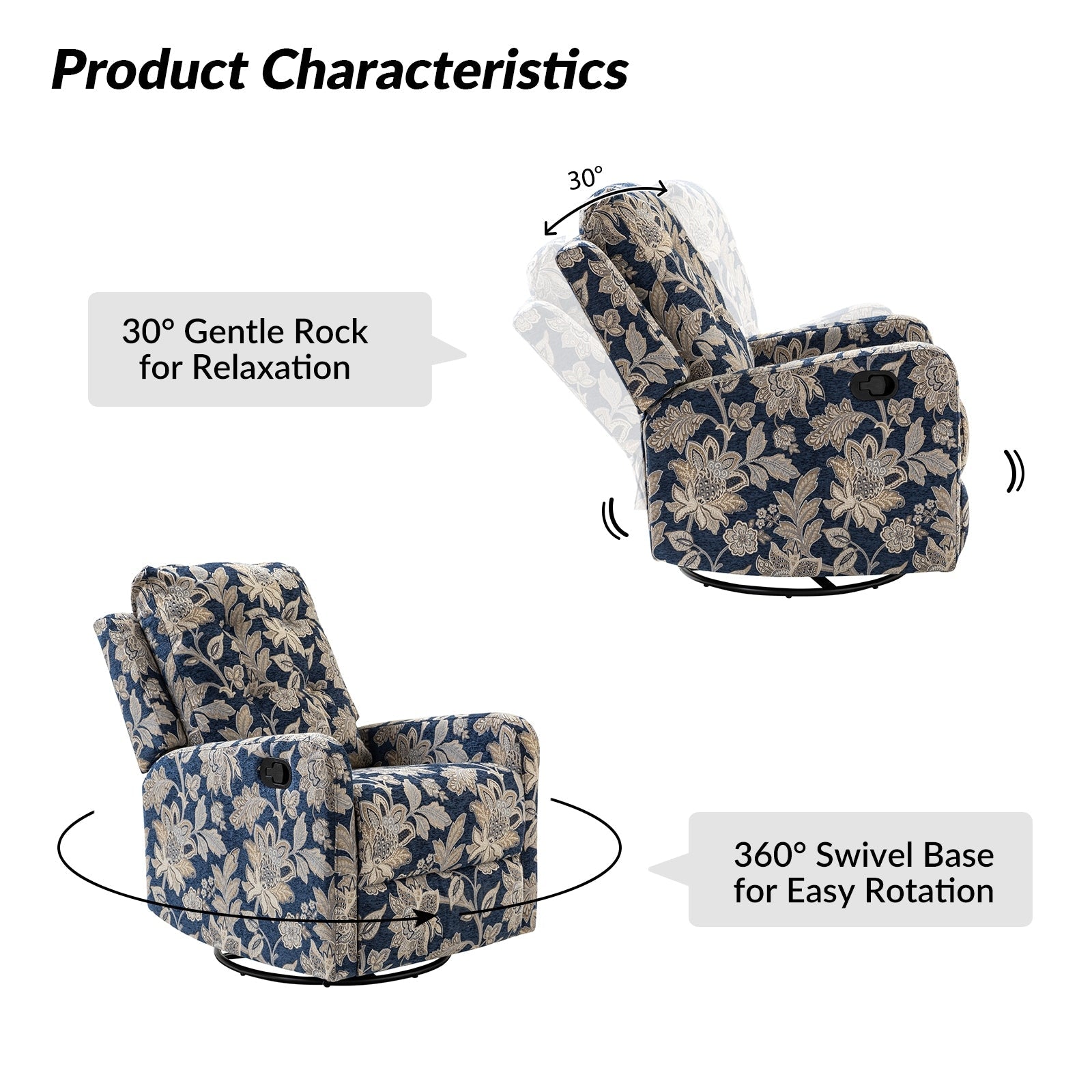 Fauteuil inclinable pivotant manuel Arlette Floral avec dossier capitonné, lot de 2