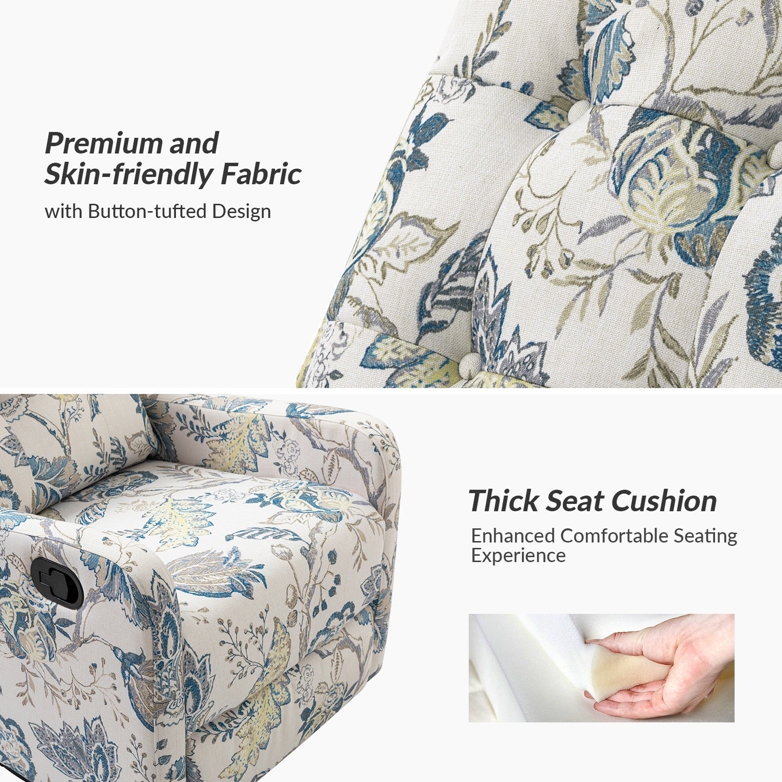 Fauteuil inclinable pivotant manuel Arlette Floral avec dossier capitonné, lot de 2