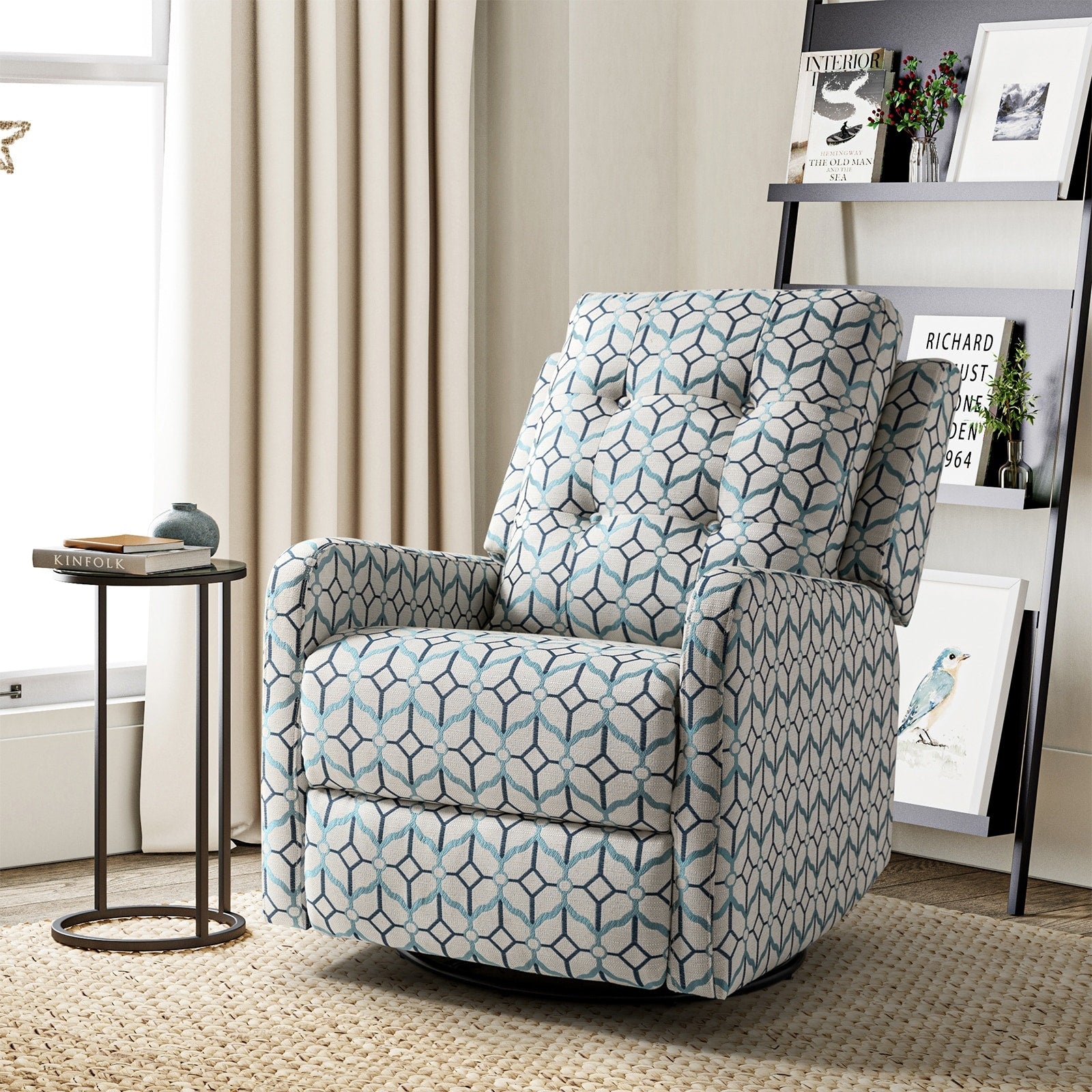 Fauteuil inclinable manuel pivotant Arlette à motif floral contemporain avec dossier capitonné