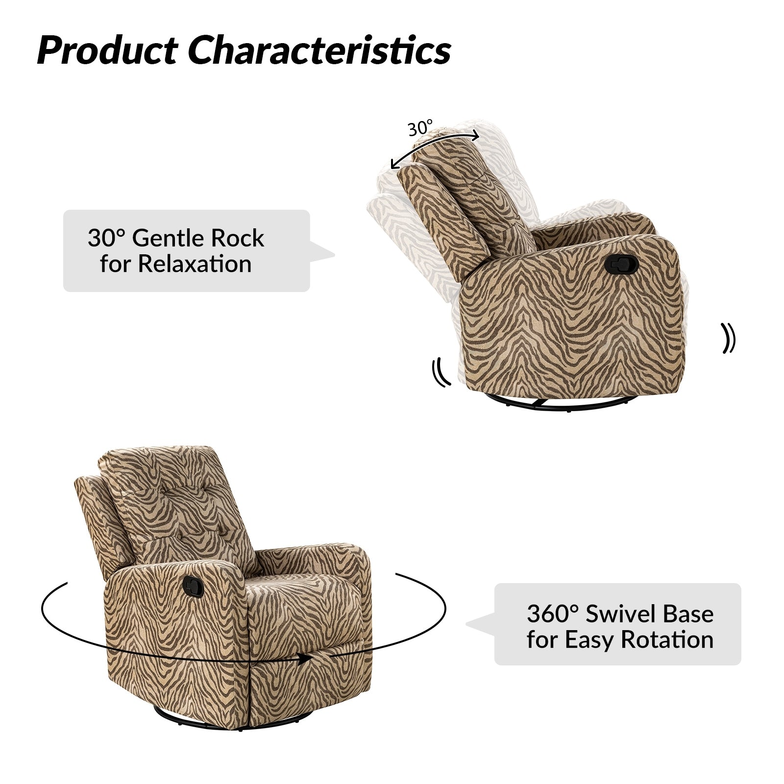 Fauteuil inclinable manuel pivotant Arlette à motif floral contemporain avec dossier capitonné