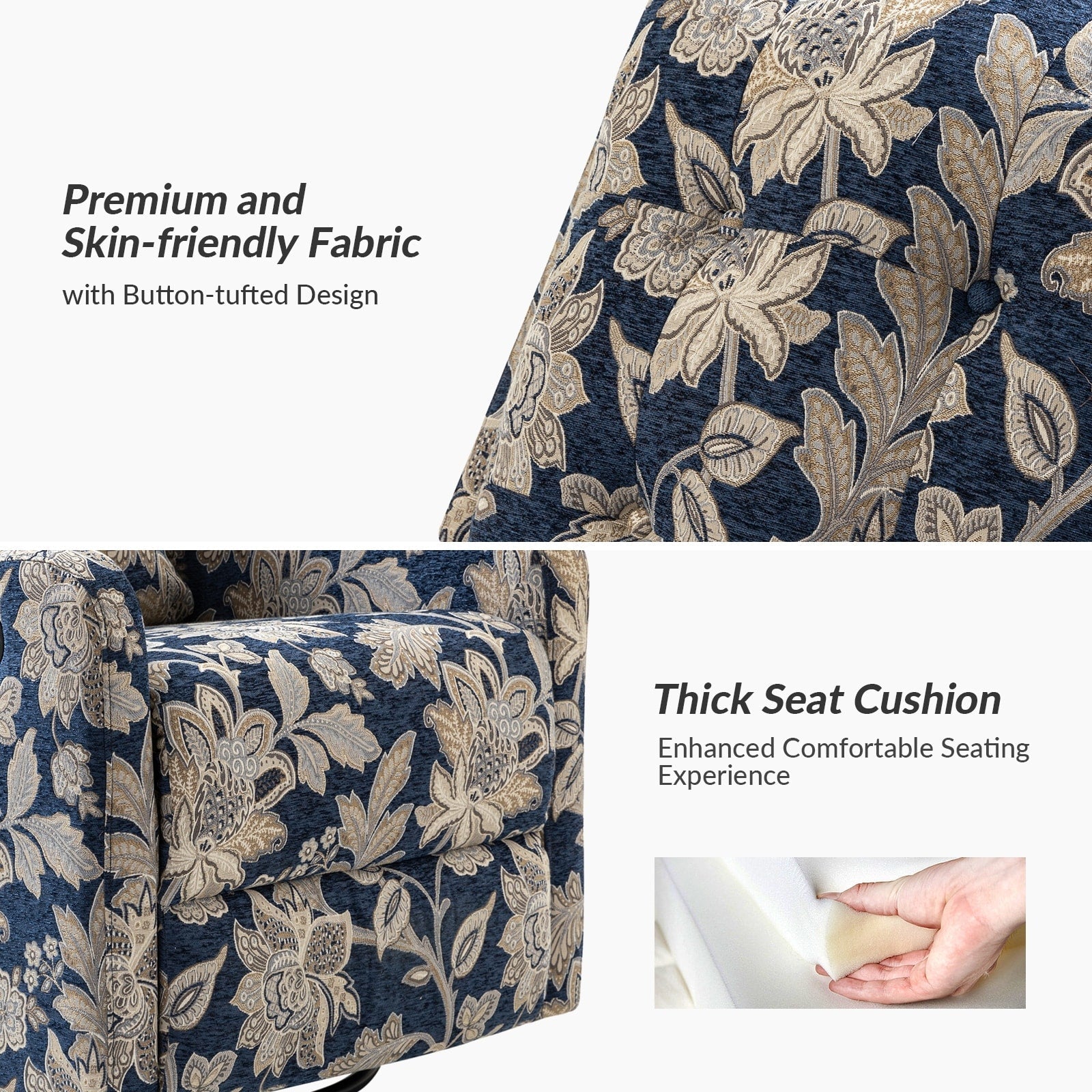 Fauteuil inclinable manuel pivotant Arlette à motif floral contemporain avec dossier capitonné